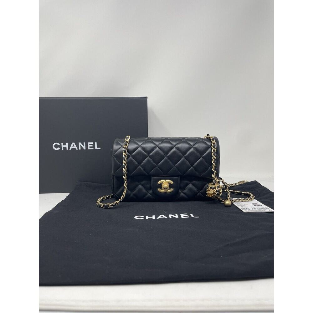 CHANEL 22S Black Mini Rectangle Pearl Crush Braid Gold Ball Flap Bag Unused - Picture 1 of 16